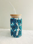 Butterfly beer can glass with bamboo lid & glass straw
