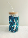 Butterfly beer can glass with bamboo lid & glass straw
