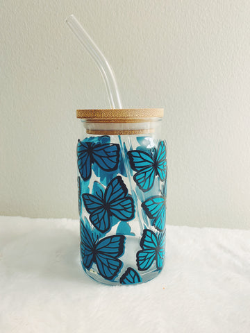 Butterfly beer can glass with bamboo lid & glass straw