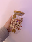 Choose Happy Beer Glass w/ Bamboo lid & Glass straw