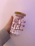 Love Like Jesus Beer Glass w/ Bamboo lid & Glass straw