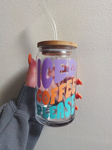 Iced Coffee Please Beer Glass w/ Bamboo lid & Glass straw