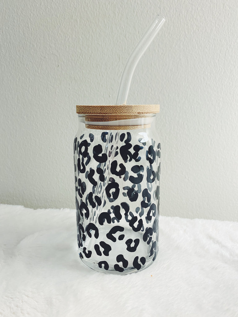 Leopard beer can glass with bamboo lid & glass straw – Allana's Custom  Creations