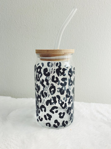 Leopard beer can glass with bamboo lid & glass straw