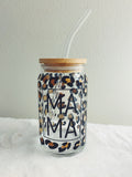 Leopard “MAMA” beer can glass with bamboo lid & glass straw