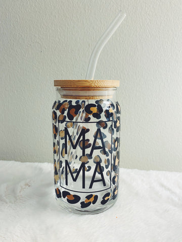 Leopard “MAMA” beer can glass with bamboo lid & glass straw