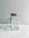 Smiley face mason jar glass mug w/ bamboo lid & glass straw