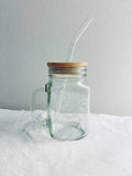 Smiley face mason jar glass mug w/ bamboo lid & glass straw