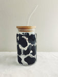 Cow Print beer can glass with bamboo lid & glass straw