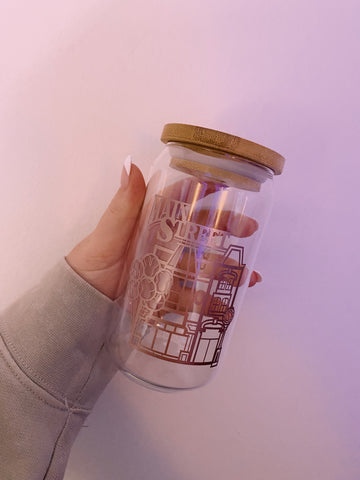 Main Street Disney Beer Glass w/ Bamboo lid & Glass straw