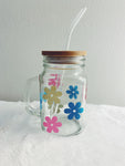 Flower mason jar glass mug w/ bamboo lid & glass straw