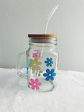 Flower mason jar glass mug w/ bamboo lid & glass straw