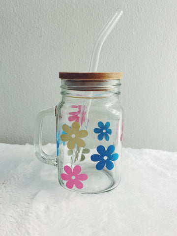 Flower mason jar glass mug w/ bamboo lid & glass straw