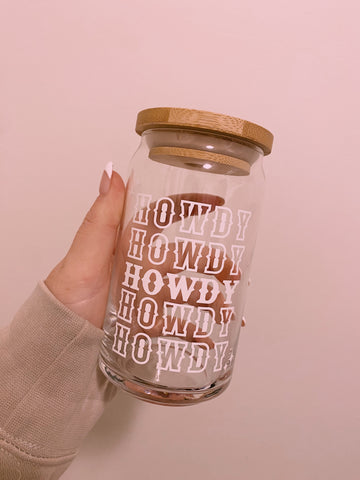 Howdy Beer Glass w/ Bamboo lid & Glass straw