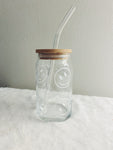 Smiley Face beer can glass with bamboo lid & glass straw