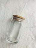 Clear beer can glass with bamboo lid & glass straw