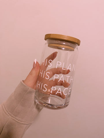 His Plan, His Path, His Pace Beer Glass w/ Bamboo lid & Glass straw