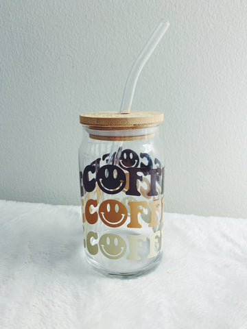 Wavy “Coffee” beer can glass with bamboo lid & glass straw