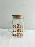 “Coffee” mason jar glass mug w/ bamboo lid & glass straw